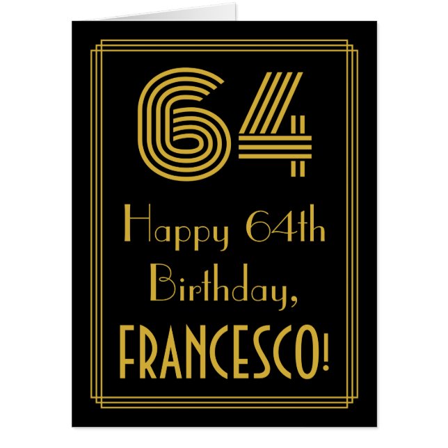 64th Birthday: Art Deco Inspired Look “64” + Name Card (Front)