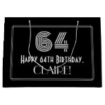 [ Thumbnail: 64th Birthday — Art Deco Inspired Look "64" & Name Gift Bag ]