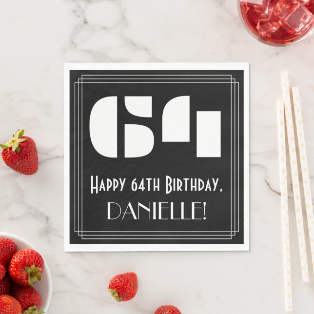 64th Birthday: Art Deco Inspired Look "64" + Name Napkins (Insitu)