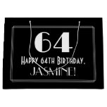 [ Thumbnail: 64th Birthday: Art Deco Inspired Style "64", Name Gift Bag ]