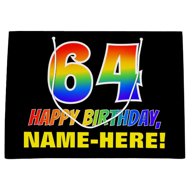 64th Birthday: Bold, Fun, Simple, Rainbow 64 Large Gift Bag (Front)