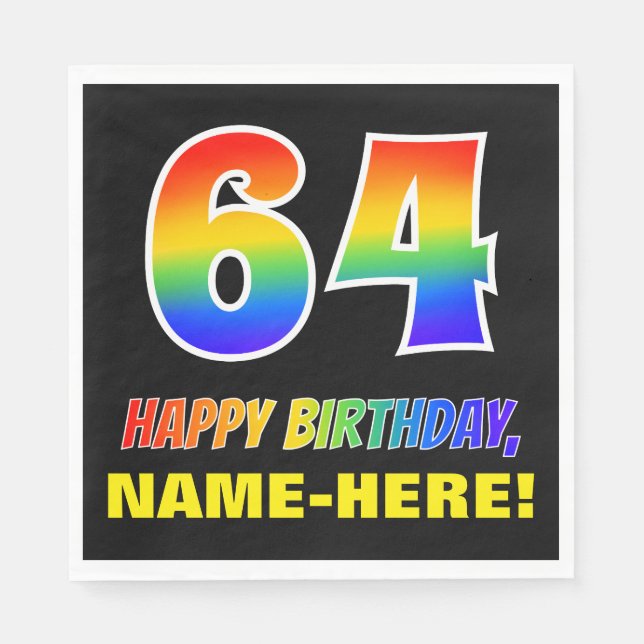 64th Birthday: Bold, Fun, Simple, Rainbow 64 Napkins (Front)