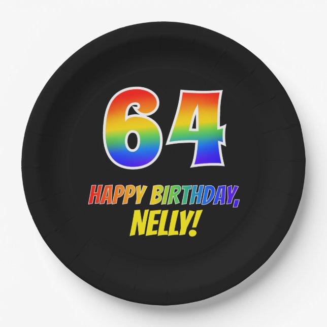 64th Birthday: Bold, Fun, Simple, Rainbow 64 Paper Plates (Front)