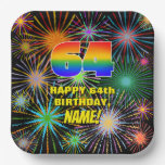 [ Thumbnail: 64th Birthday: Colorful, Fun Celebratory Fireworks Paper Plates ]