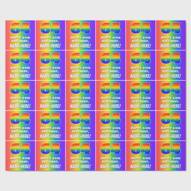 64th Birthday: Colorful, Fun Rainbow Pattern # 64 Wrapping Paper (Seam)