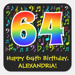 64th Birthday: Colorful Music Symbols, Rainbow 64 Square Sticker