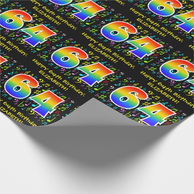 64th Birthday: Colorful Music Symbols, Rainbow 64 Wrapping Paper (Corner)