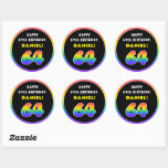 [ Thumbnail: 64th Birthday: Colorful Rainbow # 64, Custom Name Round Sticker ]