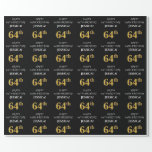 [ Thumbnail: 64th Birthday: Elegant, Black, Faux Gold Look Wrapping Paper ]