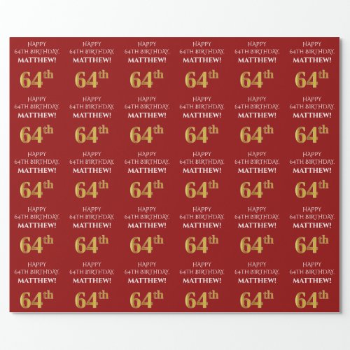 64th Birthday Elegant Red Faux Gold Look Wrapping Paper