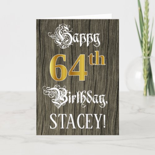 64th Birthday Faux Gold Look  Faux Wood Pattern Card