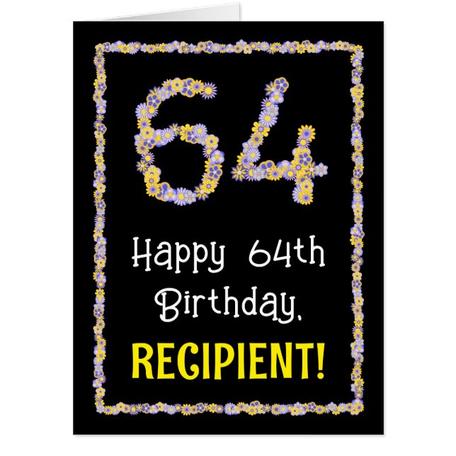 64th Birthday: Floral Flowers Number “64” + Name Card (Front)