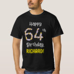 [ Thumbnail: 64th Birthday: Floral Flowers Number “64” + Name T-Shirt ]