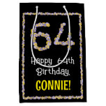 [ Thumbnail: 64th Birthday: Floral Flowers Number, Custom Name Gift Bag ]