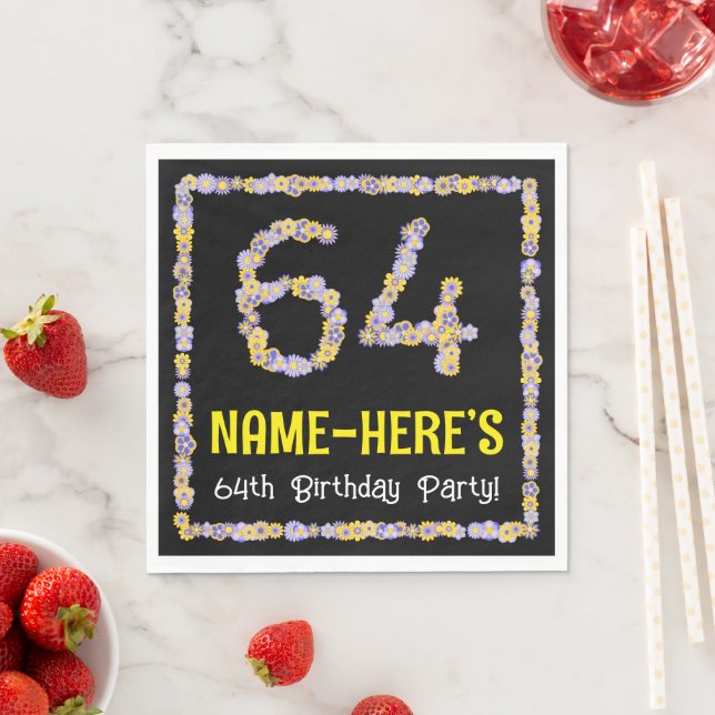 64th Birthday: Floral Flowers Number, Custom Name Napkins (Insitu)