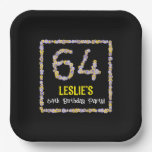 [ Thumbnail: 64th Birthday: Floral Flowers Number, Custom Name Paper Plates ]