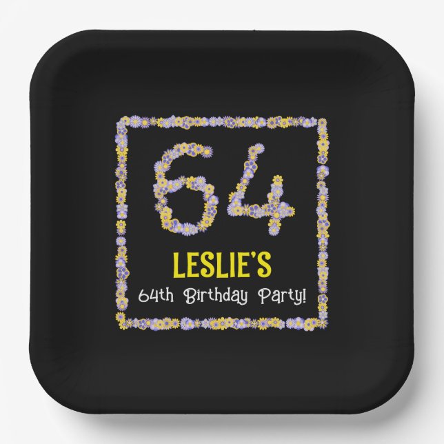 64th Birthday: Floral Flowers Number, Custom Name Paper Plates (Front)