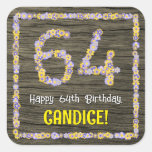 [ Thumbnail: 64th Birthday: Floral Number, Faux Wood Look, Name Sticker ]