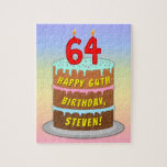 [ Thumbnail: 64th Birthday: Fun Cake and Candles + Custom Name Jigsaw Puzzle ]