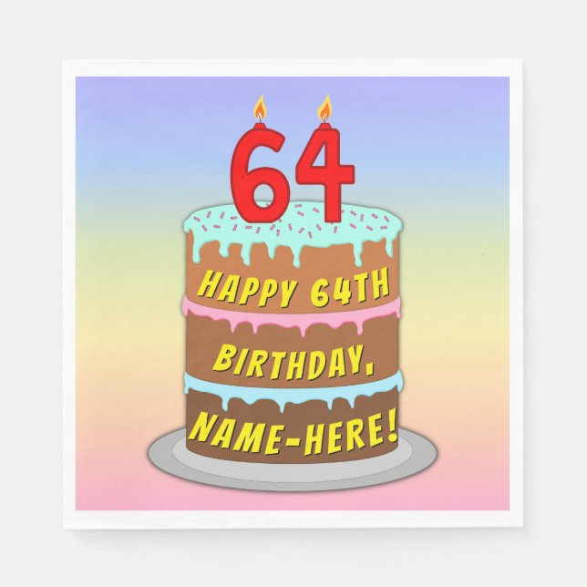 64th Birthday: Fun Cake and Candles + Custom Name Napkins (Front)