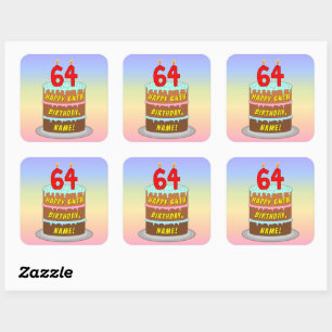 64th Birthday: Fun Cake and Candles + Custom Name Square Sticker