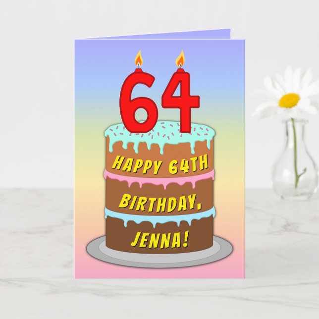 64th Birthday — Fun Cake & Candles, w/ Custom Name Card (Small Plant)