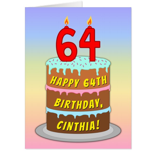 64th Birthday: Fun Cake & Candles, w/ Custom Name Card (Front)