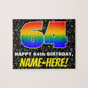 64th Birthday — Fun, Colorful Music Symbols & “64” Jigsaw Puzzle