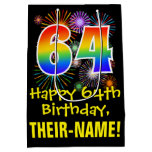 [ Thumbnail: 64th Birthday: Fun Fireworks Pattern + Rainbow 64 Gift Bag ]