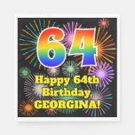 [ Thumbnail: 64th Birthday: Fun Fireworks Pattern + Rainbow 64 Napkins ]