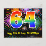 [ Thumbnail: 64th Birthday – Fun Fireworks Pattern + Rainbow 64 Postcard ]