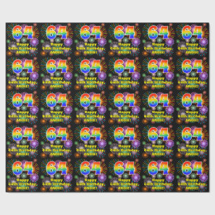 64th Birthday: Fun Fireworks, Rainbow Look # “64” Wrapping Paper