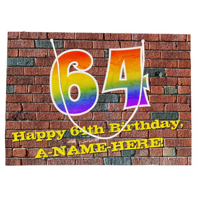 64th Birthday: Fun, Graffiti-Inspired Rainbow # 64 Large Gift Bag (Back)