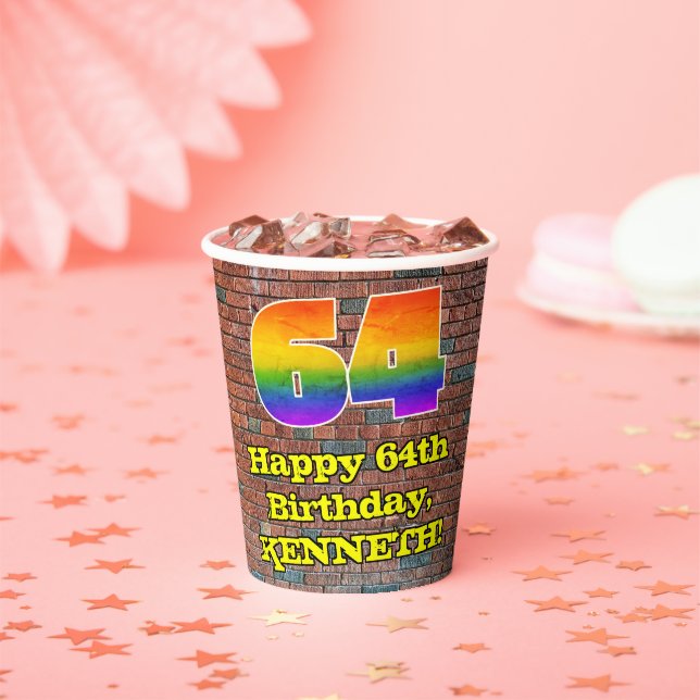 64th Birthday: Fun Graffiti-Inspired Rainbow 64 Paper Cups (Insitu)