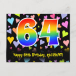 [ Thumbnail: 64th Birthday: Fun Hearts Pattern, Rainbow 64 Postcard ]