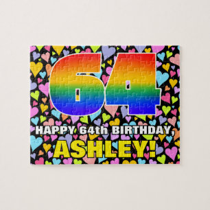 64th Birthday — Fun, Loving Heart Shapes + “64” Jigsaw Puzzle