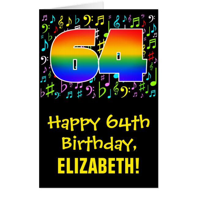 64th Birthday: Fun Music Symbols + Rainbow # 64 Card (Front)
