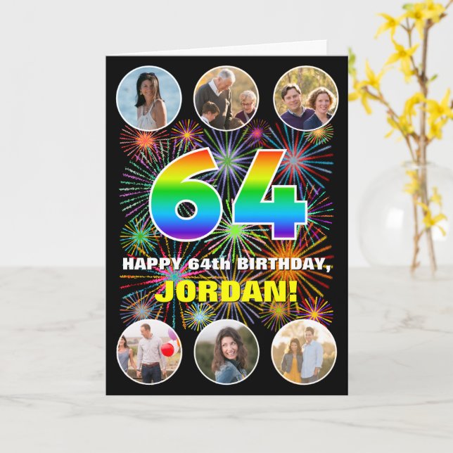 64th Birthday: Fun Rainbow #, Custom Name & Photos Card (Yellow Flower)