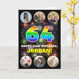64th Birthday: Fun Rainbow #, Custom Name & Photos Card