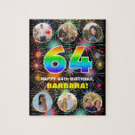 [ Thumbnail: 64th Birthday: Fun Rainbow #, Custom Name + Photos Jigsaw Puzzle ]