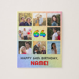 64th Birthday: Fun Rainbow #, Custom Name & Photos Jigsaw Puzzle