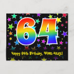 [ Thumbnail: 64th Birthday: Fun Stars Pattern, Rainbow 64, Name Postcard ]