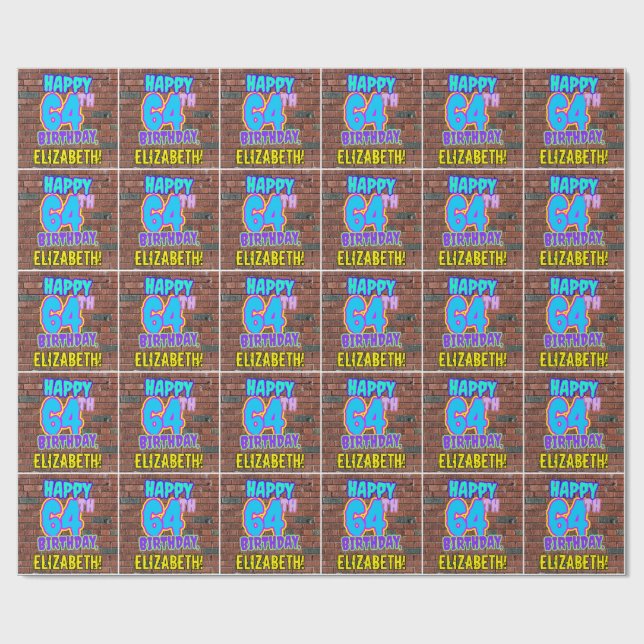 64th Birthday: Fun, Urban Graffiti Inspired Look Wrapping Paper (Flat)
