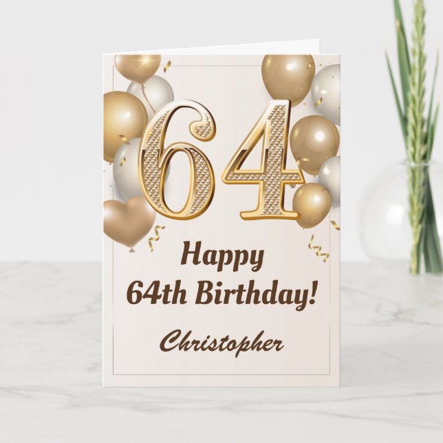 64th Birthday Gold Balloons and Confetti Birthday Card (Front)