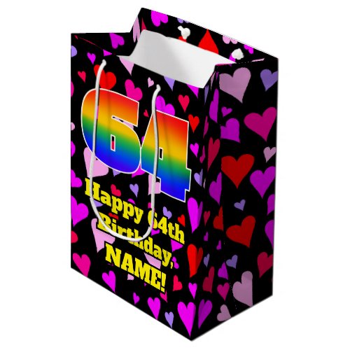 64th Birthday Loving Hearts Pattern Rainbow  64 Medium Gift Bag