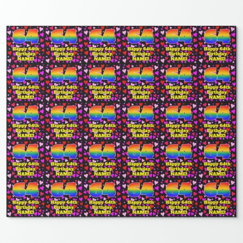 64th Birthday Loving Hearts Pattern Rainbow  64 Wrapping Paper