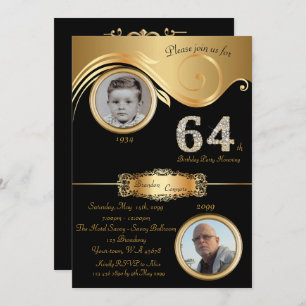 64th,Birthday Man 64th,elegant art deco,black gold Invitation