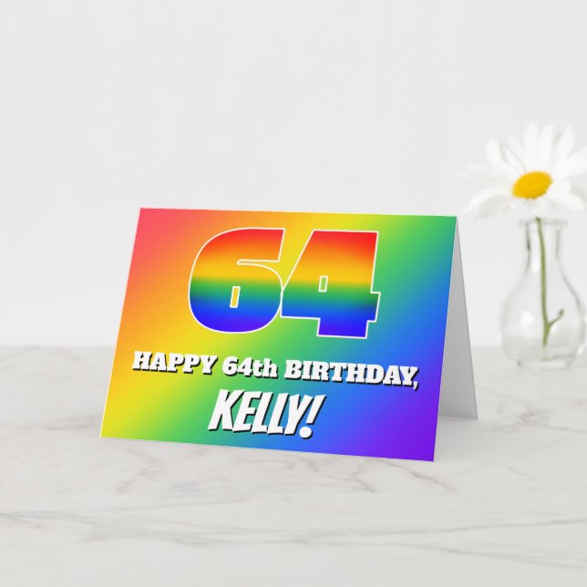 64th Birthday: Multicolored Rainbow Pattern # 64 Card (Small Plant)