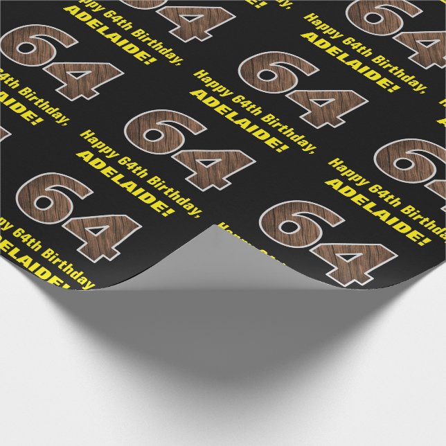 64th Birthday: Name & Faux Wood Grain Pattern "64" Wrapping Paper (Corner)