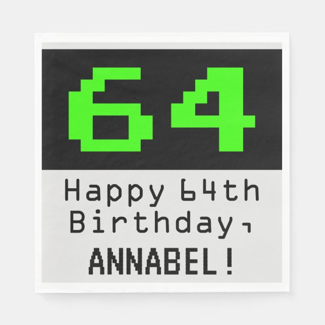 64th Birthday - Nerdy / Geeky Style "64" & Name Napkins (Front)